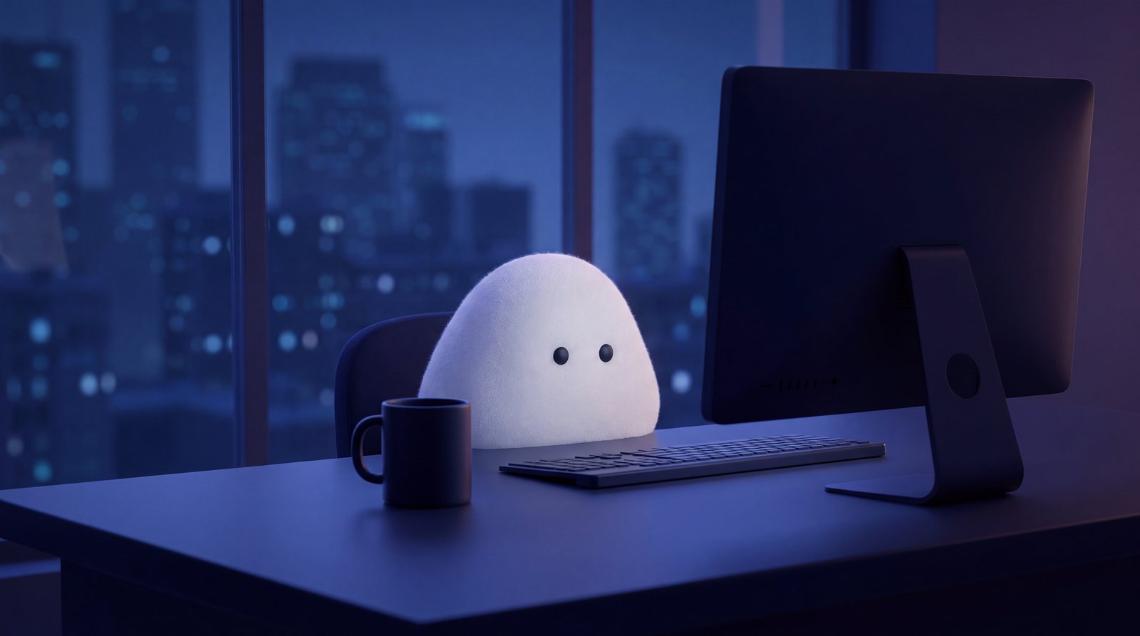 A small white Mote sits at a dark desk late at night, facing a switched-off monitor. A blurred city glows blue through the window.